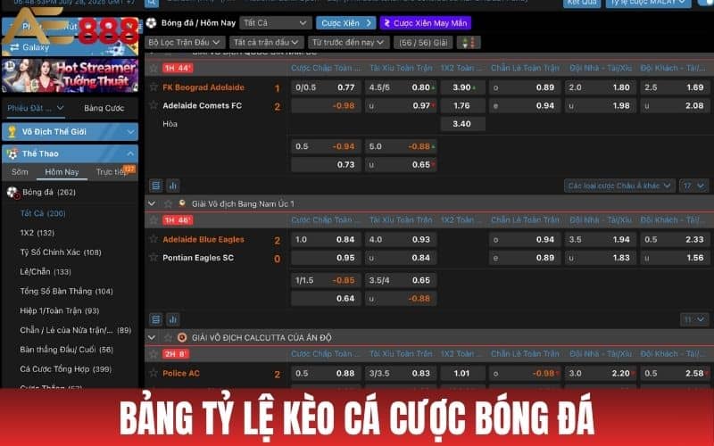 Bảng tỷ lệ kèo cá cược bóng đá